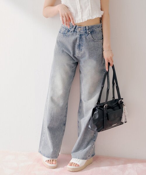 ワイドパンツ ジーンズ デニム デニムパンツ ラインストーンロゴワイドデニムパンツ レディースの画像