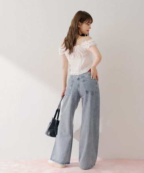 ワイドパンツ ジーンズ デニム デニムパンツ ラインストーンロゴワイドデニムパンツ レディースの画像