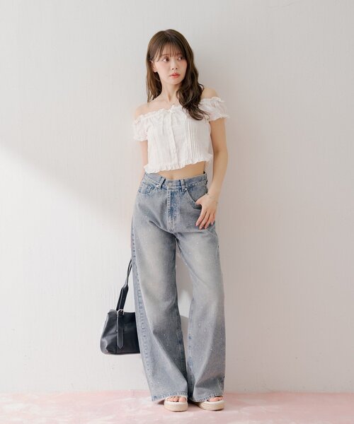 ワイドパンツ ジーンズ デニム デニムパンツ ラインストーンロゴワイドデニムパンツ レディースの画像