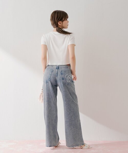 ワイドパンツ ジーンズ デニム デニムパンツ ラインストーンロゴワイドデニムパンツ レディースの画像