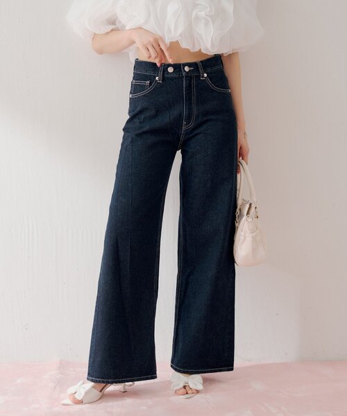 ワイドパンツ ジーンズ デニム デニムパンツ ラインストーンロゴワイドデニムパンツ レディースの画像