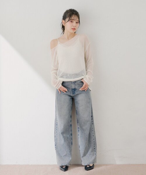 ワイドパンツ ジーンズ デニム デニムパンツ ラインストーンロゴワイドデニムパンツ レディースの画像