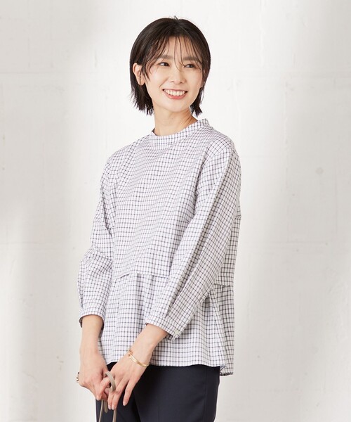 ブラウス シャツ 「洗える」 セルロースチェック スタンドカラー ブラウス レディース