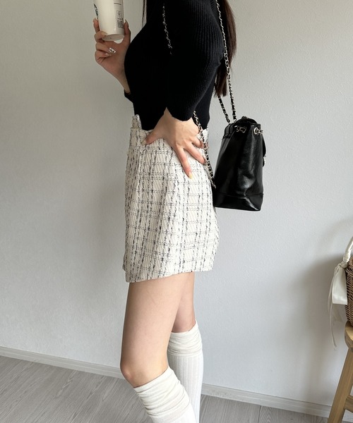 スカート アシンメトリーツイードハイウエストフェイクスカート