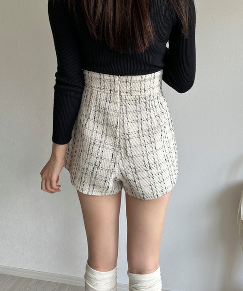 スカート アシンメトリーツイードハイウエストフェイクスカート
