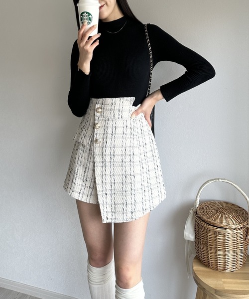 スカート アシンメトリーツイードハイウエストフェイクスカート
