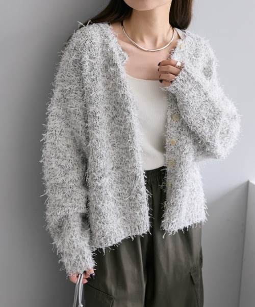 PUAL CE CIN 【ピュアルセシン】 ミックスヤーンニットカーディガン pual ce cin カーディガン 「24AW」異素材MIXリボンテープヤーン