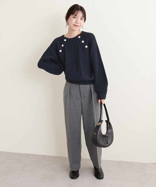 ニット 釦デザインケーブルニット レディース