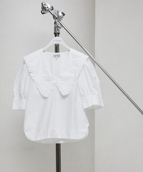ブラウス シャツ GANNI/ガニー Cotton Poplin V-neck Ruffle Blouse / F8635 / コットンポプリン Vネ