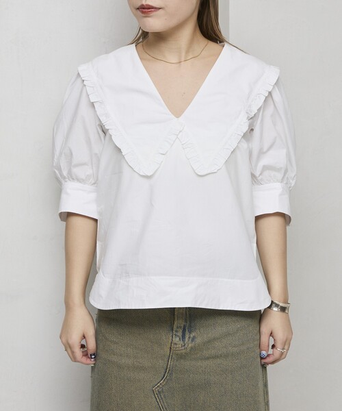 ブラウス シャツ GANNI/ガニー Cotton Poplin V-neck Ruffle Blouse / F8635 / コットンポプリン Vネ GANNI ブラウス シャツ GANNI/ガニー Cotton Poplin V-neck
