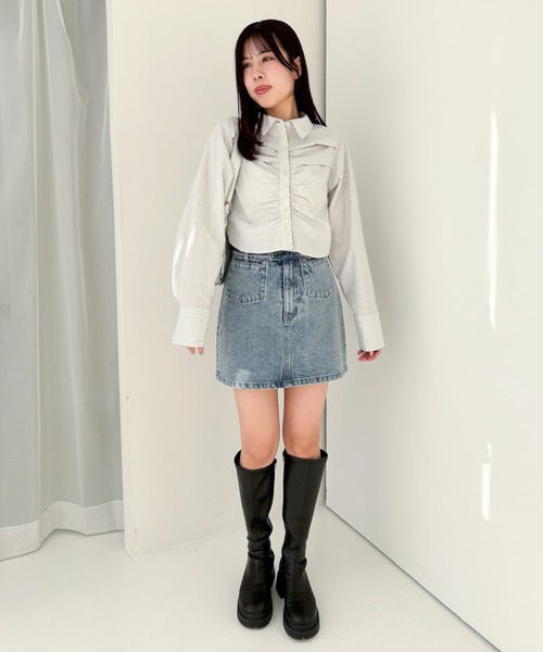 Heather ブラウス シャツ フロントギャザーショートシャツ