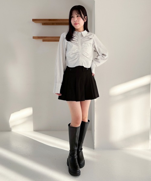 ブラウス シャツ ヘムギャザーショートシャツ 春服 レディース STYLEMIXER ブラウス シャツ ヘムギャザーショートシャツ 春服