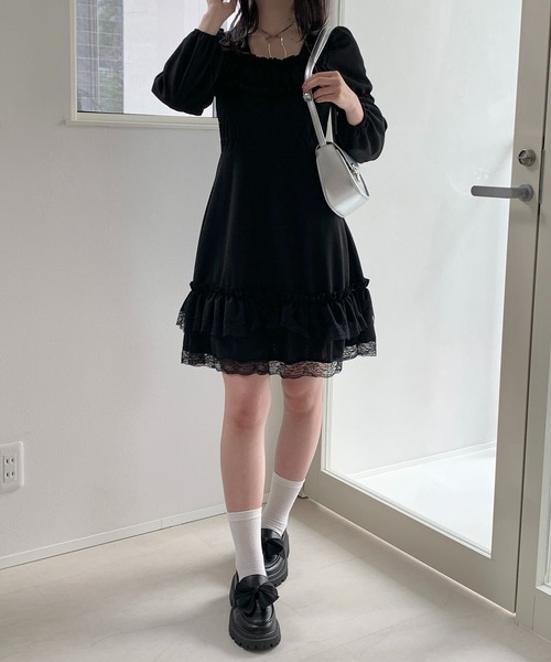 Mejoul ワンピース シャーリング パフスリーブ レースミニワンピース