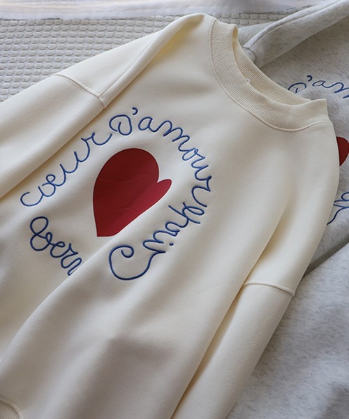 トレーナー スウェット ハートモチーフプリント ロゴ刺繍 クルーネック スウェット レディース