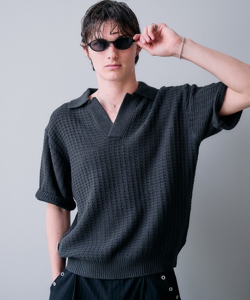 モーガン蔵人着用　NODU ケーブル編みショートスリーブポロシャツ Lブラック Adoon plain tシャツ 「新色追加」SKIPPER SHORT SLEEVE SUMMER KNIT