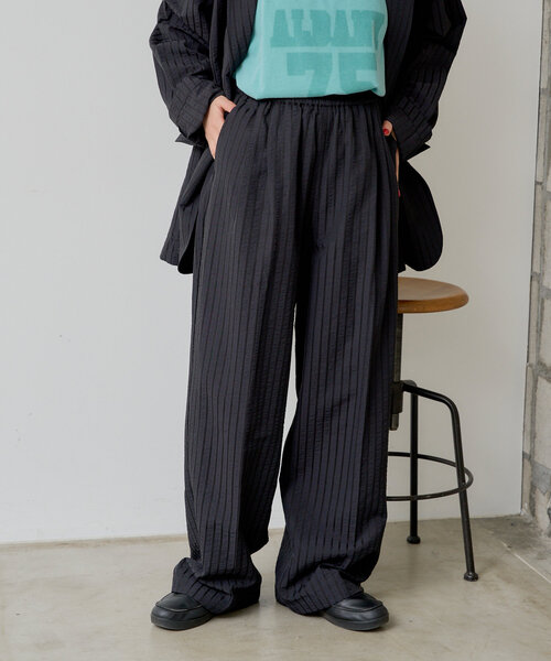 サイズSストライプ軽量カジュアルパンツ 黒 WHIMSIC パンツ 「UNISEX/SET対応」シアサッカーストライプ