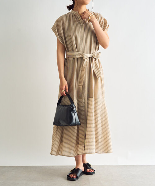 【CHICLINE 】 ONDIA/配色カラーのストライプフレアワンピース un dix cors シャツワンピース 「インナー付き」シアードビー