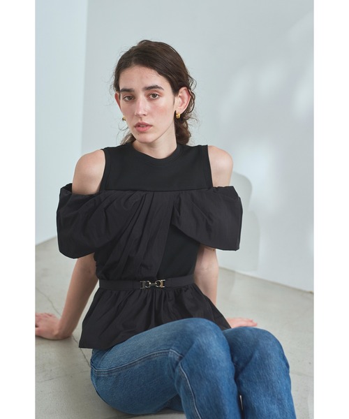 Estella.K tシャツ Delina Belted Top リブ＆タフタTOP レディース 