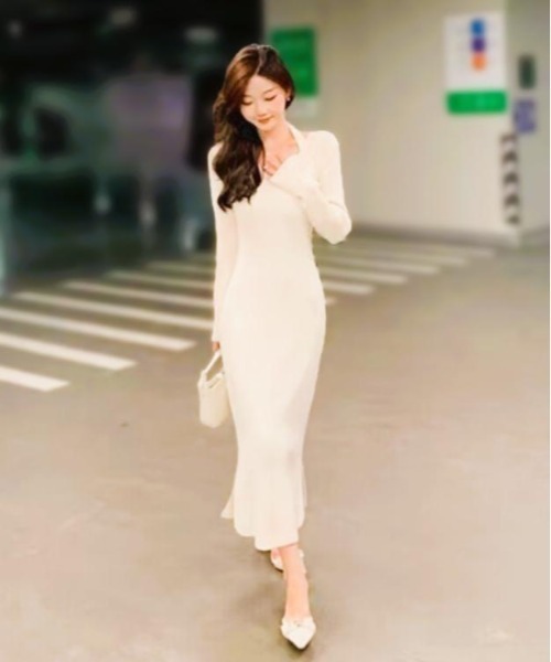 shameless ドレス 「結婚式・二次会」ホルターVネックニットドレス