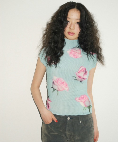 tシャツ pleated print tops  ”scattered rose” / プリーツプリントトップス レディースの画像
