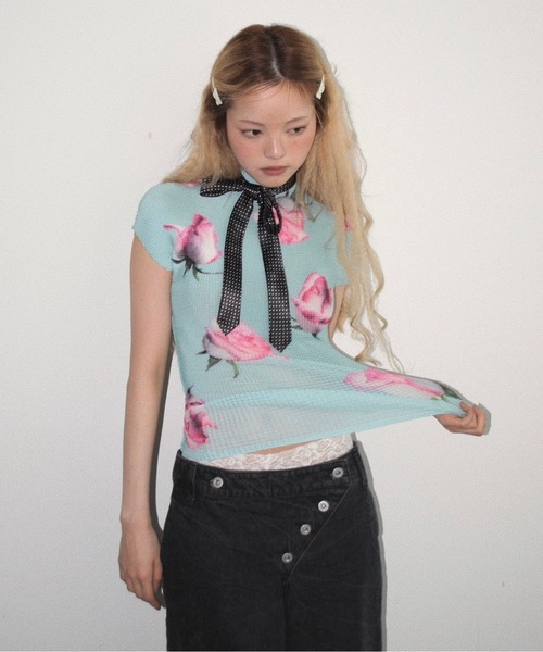 musubore pleatsed tops / プリーツプリントトップス pleatsed print sheer tops / プリーツプリントトップス（Tシャツ