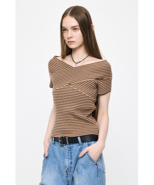 ニット セーター CROSS OFF SHOULDER トップス レディースの画像