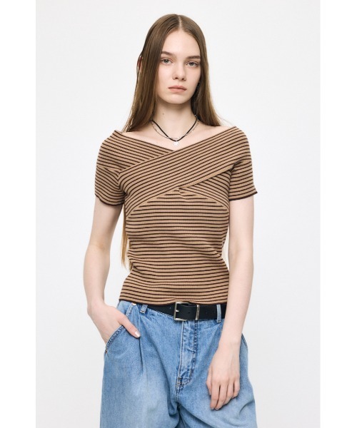 ニット セーター CROSS OFF SHOULDER トップス レディースの画像