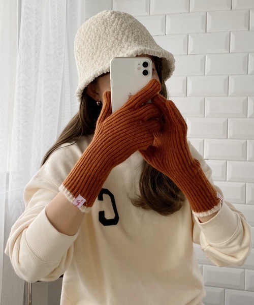 手袋 「スマホ対応」リブニットホールタッチライングローブ レディース