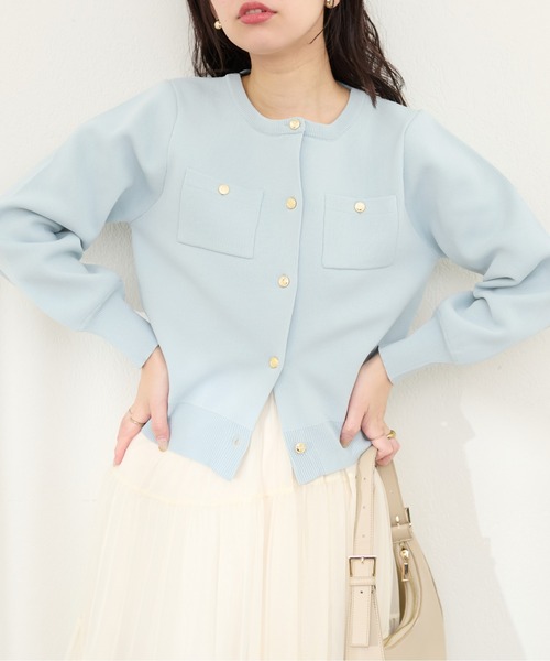 カーディガン ポケ付ボーダー前釦ニットカーディガン レディース natural couture カーディガン ポリニット金釦ポケ付き