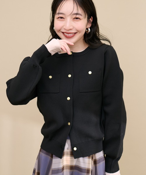 カーディガン ポケ付ボーダー前釦ニットカーディガン レディース natural couture カーディガン ポリニット金釦ポケ付き
