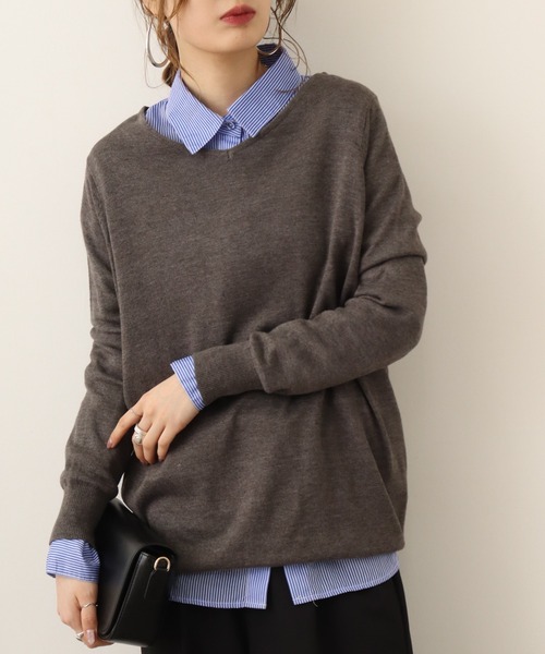 ニット セーター atONE Ｖネックワイドリブ綿ニット レディース atONE ニット セーター Vネックワイドリブ綿ニット レディース