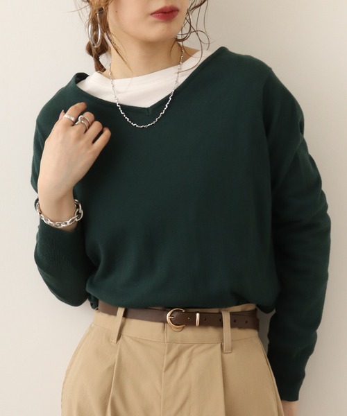 ニット セーター atONE Ｖネックワイドリブ綿ニット レディース atONE ニット セーター Vネックワイドリブ綿ニット レディース