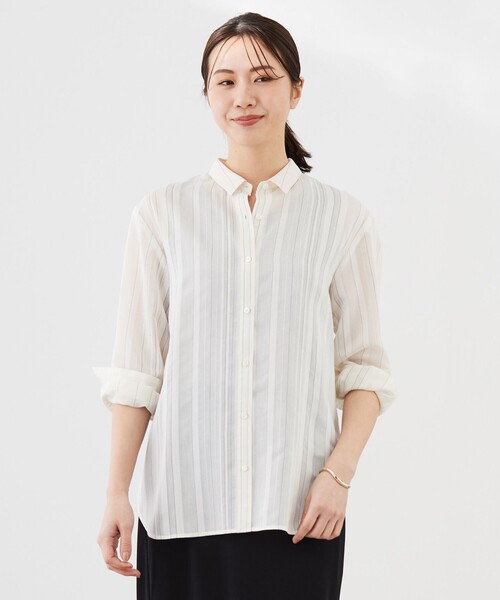ブラウス シャツ 「洗える」SHEER dobby ストライプ シャツカラー ブラウス レディース