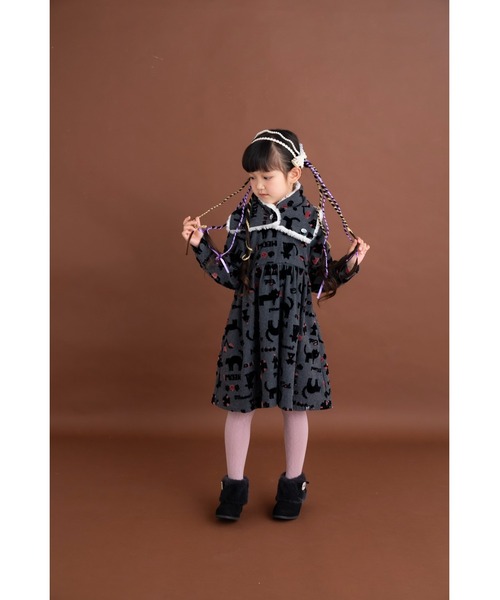 nino（ニノ） ワンピース 「綿100％」ベロアCATワンピース ＃ねこ柄