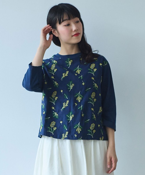 tシャツ ●ミモザ刺繍 7分袖プルオーバー レディース