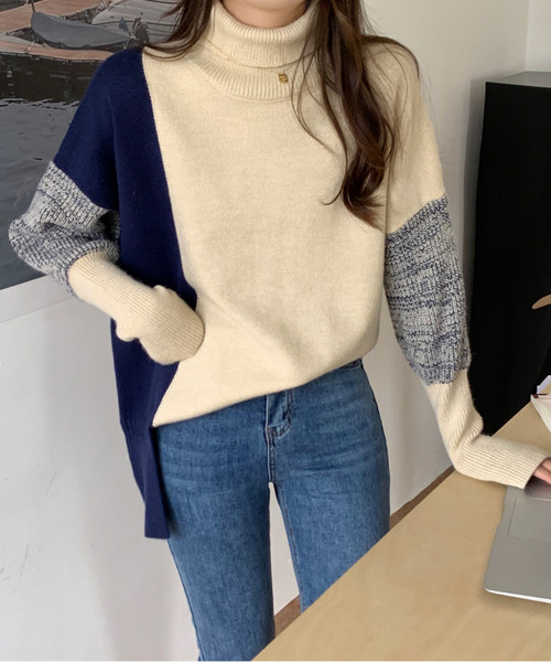 「emi+」 タートルネックニット FREE ネイビー レディース_画像5