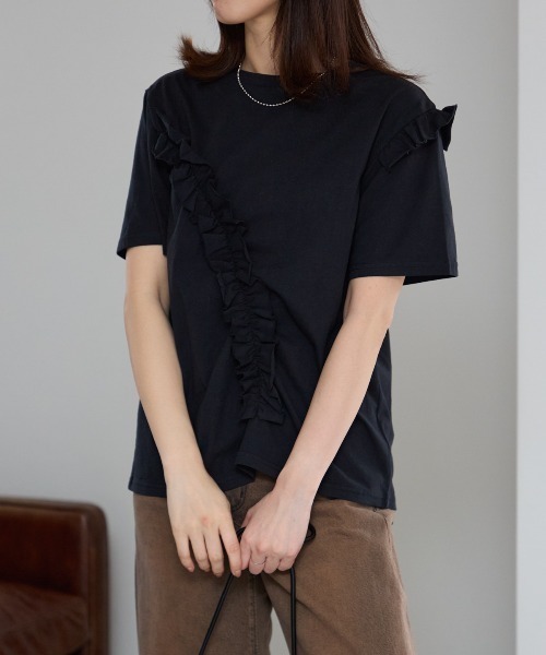 アシンメトリー Tシャツ フリル 半袖 TRIANGLE PALETTE tシャツ アシンメトリーフリル半袖Tシャツ