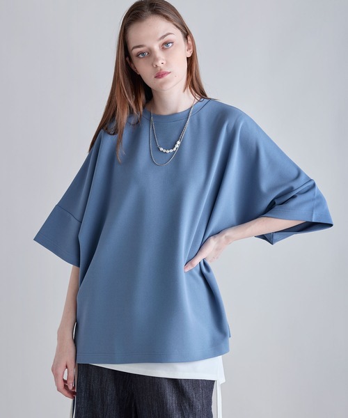 SOCCE tシャツ カットジョーゼットリラクシング5分袖ドレープドルマンT