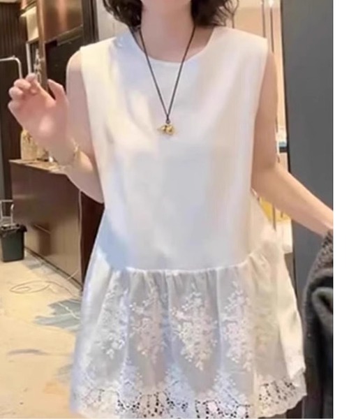 tシャツ 裾レースノースリーブトップス レディース