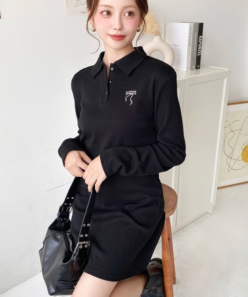 moment+ ワンピース ワンポイントリボン刺繍長袖ポロワンピース