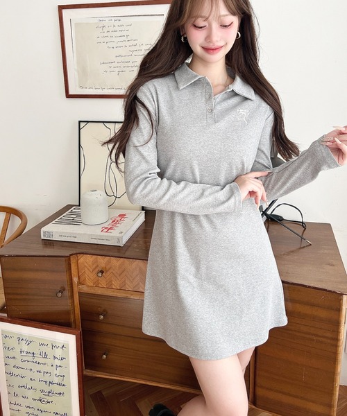 moment+ ワンピース ワンポイントリボン刺繍長袖ポロワンピース