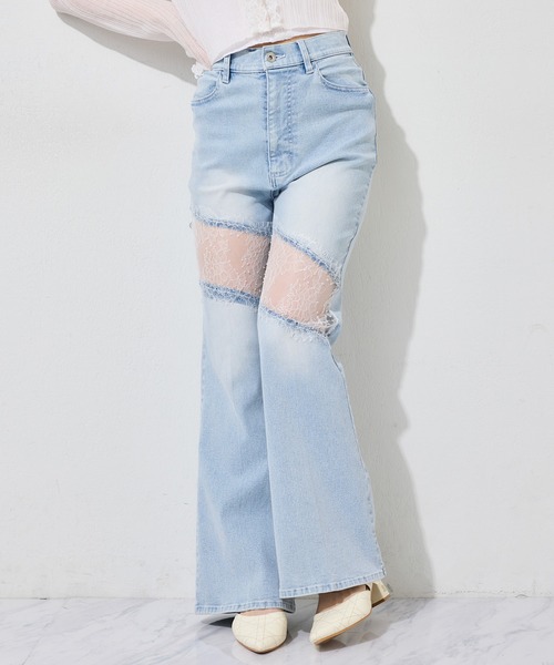 レース装飾付きライトブルーデニムパンツ one after another NICE CLAUP ジーンズ デニム デニムパンツ 「Lace