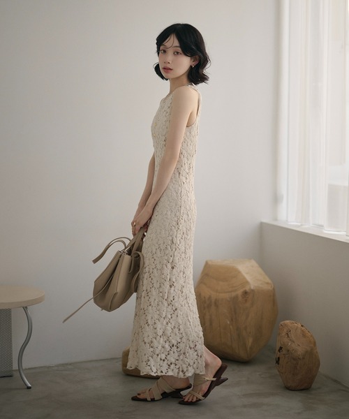 ワンピース flower crochet back slit long dress /フラワークロシェ