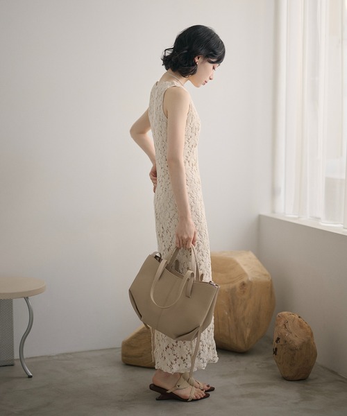 ワンピース flower crochet back slit long dress /フラワークロシェ