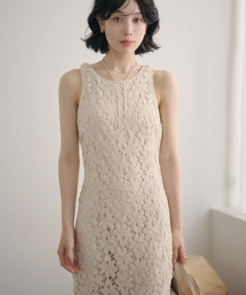 ワンピース flower crochet back slit long dress /フラワークロシェ