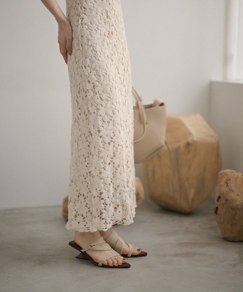ワンピース flower crochet back slit long dress /フラワークロシェ