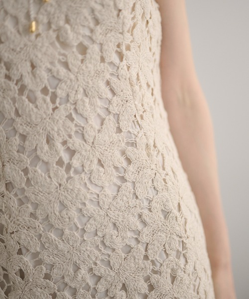 ワンピース flower crochet back slit long dress /フラワークロシェ