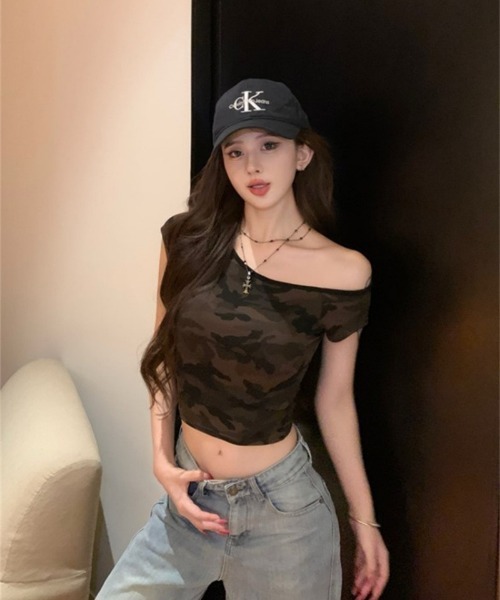 tシャツ 半袖 迷彩柄 ワンショルダー 半袖トップス レディース