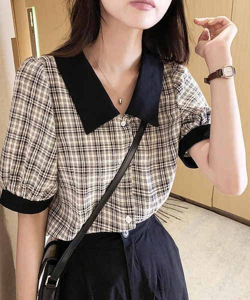 ブラウス シャツ パフスリーブチェックブラウス レディース Amulet ブラウス シャツ チェック柄パフスリーブ半袖シャツ