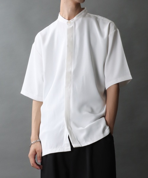 半袖シャツ メンズ 立ち襟 比翼ボタン ミッドスリーブ 2色 SITRY シャツ Polyester twill Drape Band Collar shirt/別注